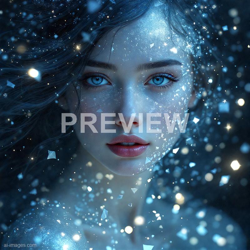 A close-up portrait of a woman with strikingly bright blue eyes and smooth, fair skin. Her face is adorned with shimmering, glitter-like particles and tiny geometric shapes that create a magical, celestial effect, with dark, flowing hair surrounding her face. The background is dark, enhancing the luminous, starry, and ethereal quality of the overall image.